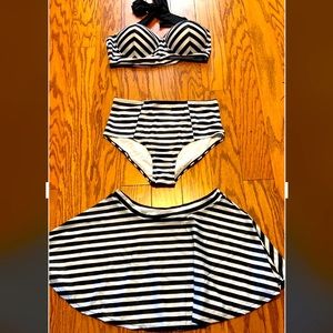Three piece retro black and white stripe swim suit/ skirt Beetlejuice NWOT